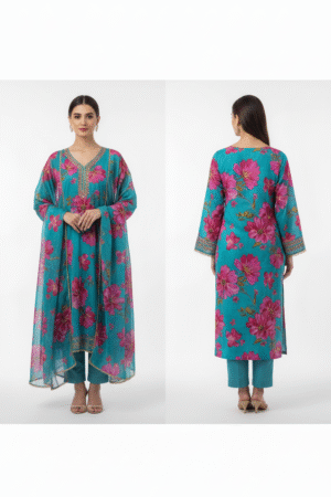 Floral Teal Velvet Straight Kurta with Velvet Palazzo and Shawl – A Royal Ensemble