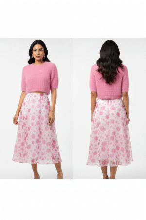 Women Floral Print Flared Pink Skirt and Top – Elegant Ethnic Fusion Set