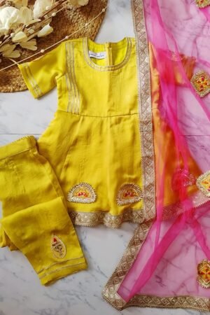 Yellow Summer Silk Embroidered Anarkali Set For Girls
