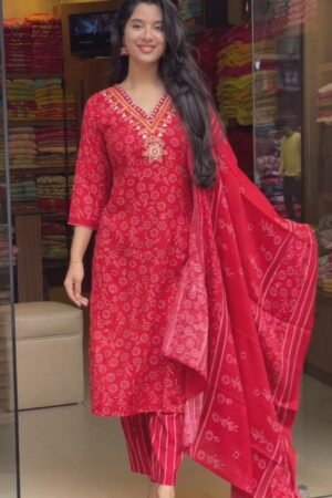 Women Solid Embroidered Pure Cotton Straight Kurta With Duppata